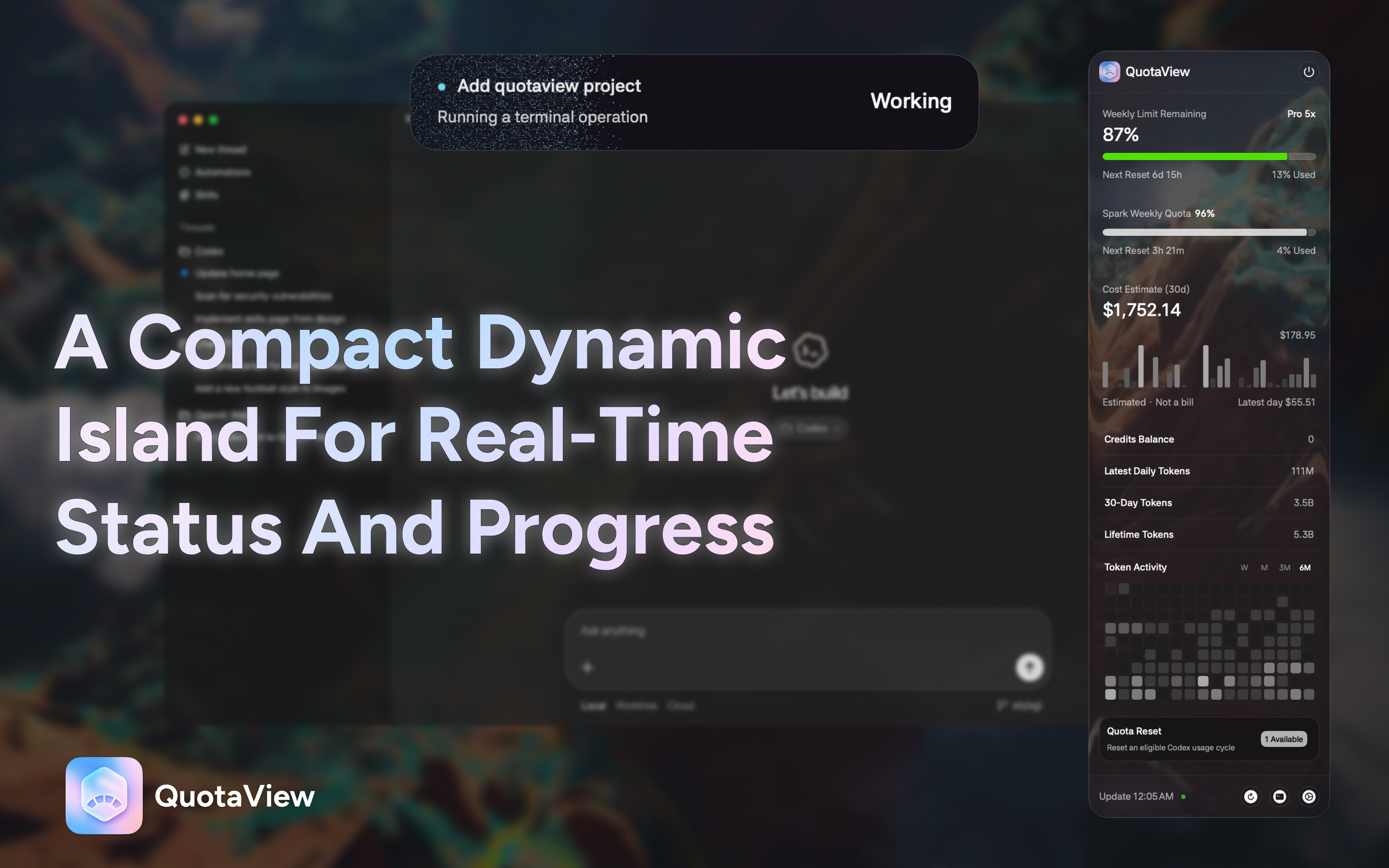 QuotaView Codex Island showing live task activity alongside the macOS quota and token usage panel