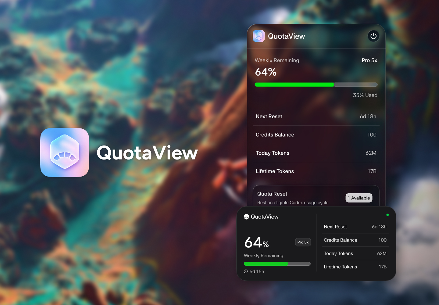 QuotaView macOS menu bar panel and desktop widget