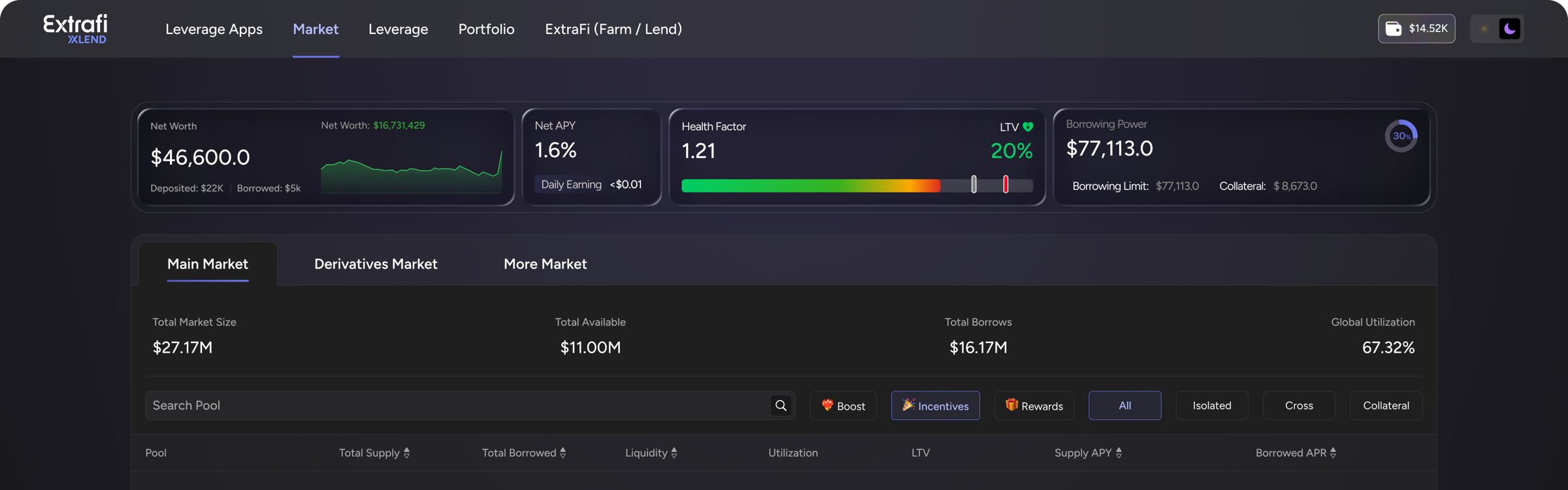 Dark XLend product interface with account status banner
