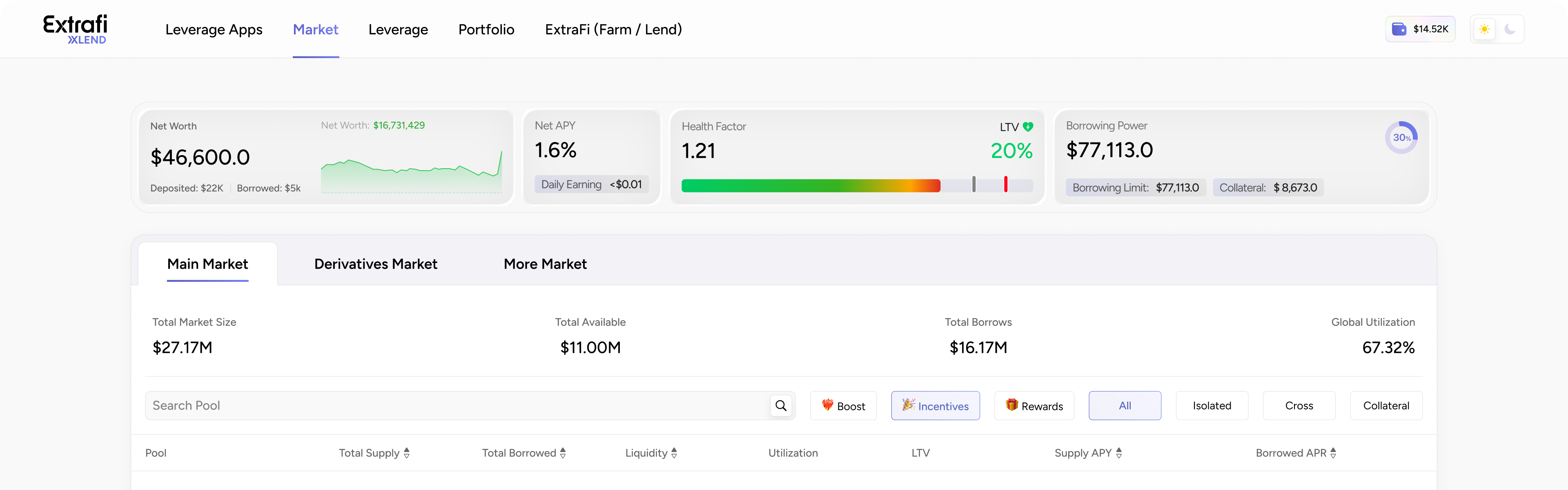 Light XLend product interface with account status banner